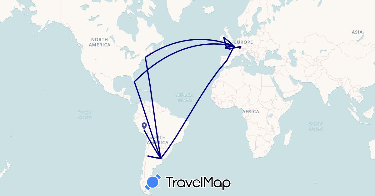 TravelMap itinerary: driving in Argentina, Spain, France, Ireland, Peru, United States (Europe, North America, South America)